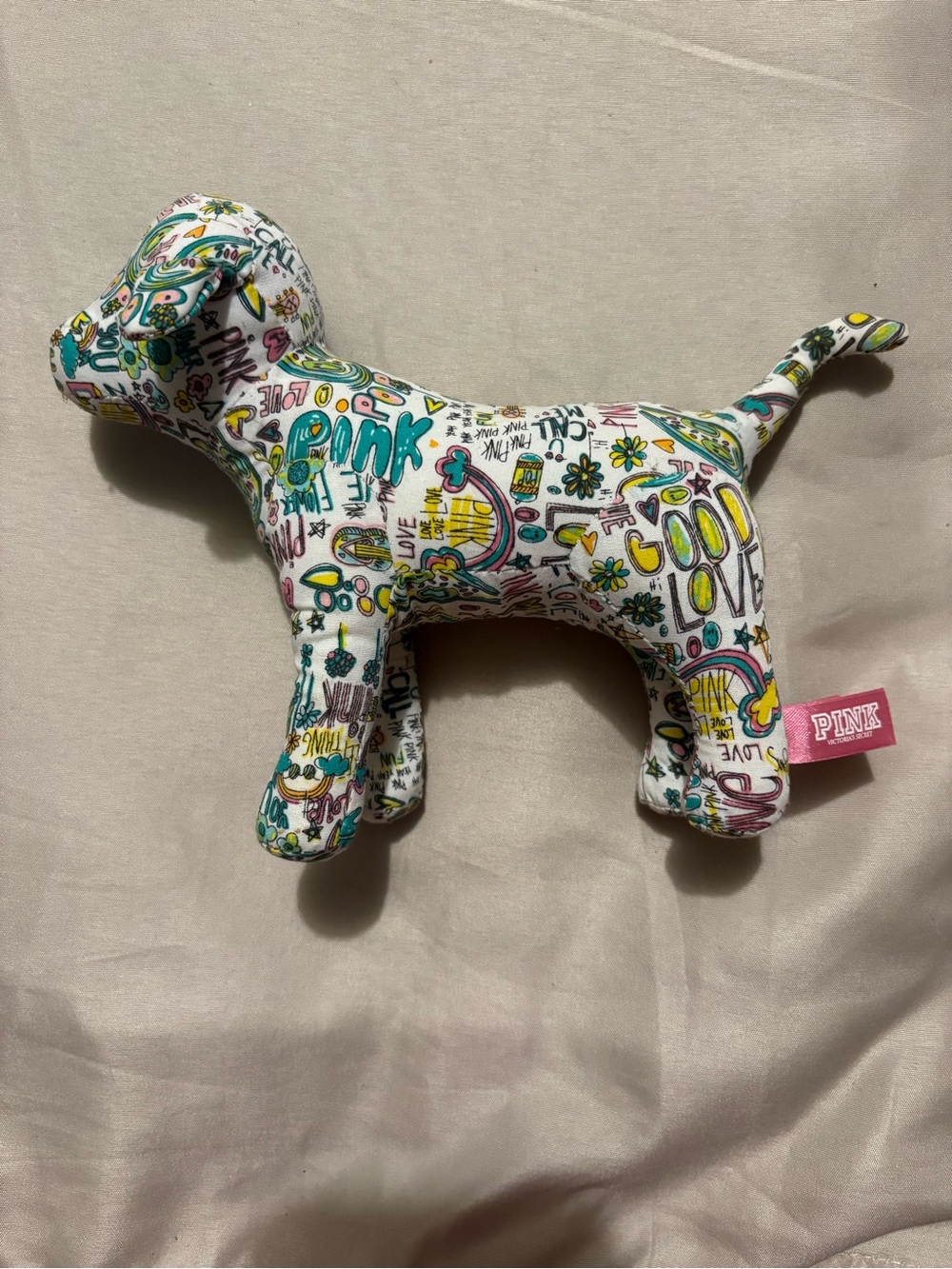 PINK Victoria's Secret White Plush Dog with Multicolor Doodle Print
